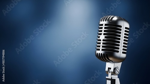Vintage silver microphone on a blue gradient background with spotlight vintage microphone retro microphone