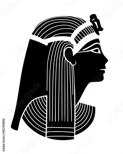 Elegant black and white silhouette profile of ancient Egyptian queen or goddess in headdress