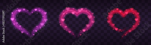 Romantic heart shape pink frames with aura blur and floating confetti. Magic red glow love trail on transparent background vector effect set