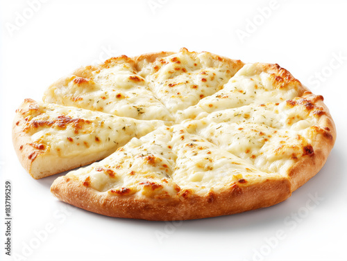 Cheesy garlic bread pizza slices on white background
