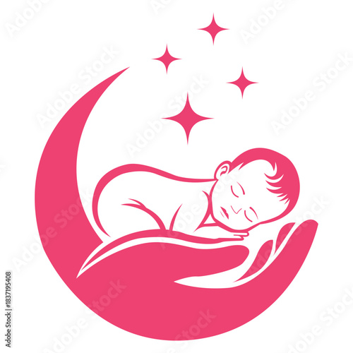Peaceful Newborn in Caring Hands. Baby Care, Parenting, and Love Symbol Logo.