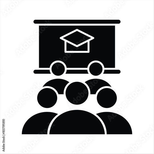 Vector icon students attending a classroom lecture with a graduation cap on the screen, symbolizing education, academic achievement, and the pursuit of knowledge