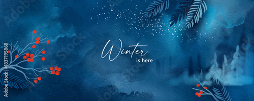 Christmas and Happy New Year vector illustration with distant forest and natural winter design elements. Silhouettes of trees, branches and berries on abstract watercolor background. Winter season 