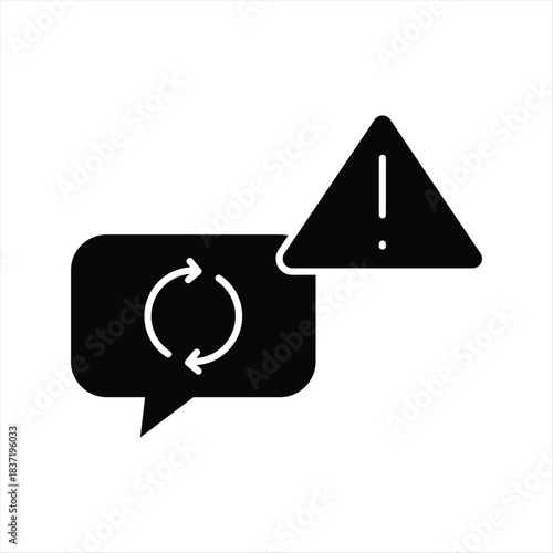 Critical system update or message synchronization error graphic, featuring a refresh icon within a speech bubble and a prominent warning triangle, signaling a technical issue