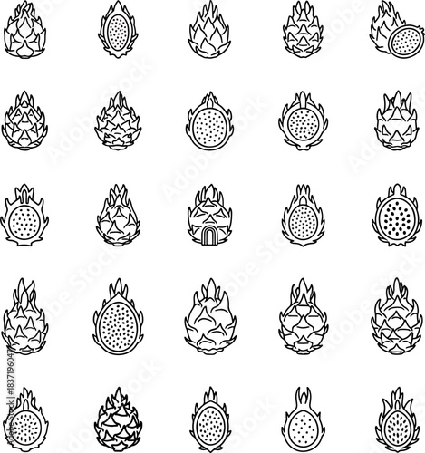 Dragon Fruit Icon Set Tropical Exotic Healthy Fruit Vector Collection Outline Graphic Elements