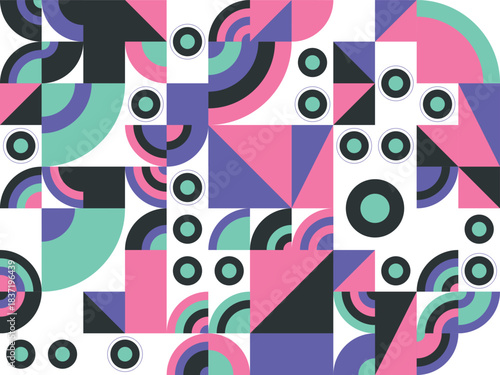 Vibrant Geometric Patterns and Shapes in a Modern Art Composition Displayed on a White Background