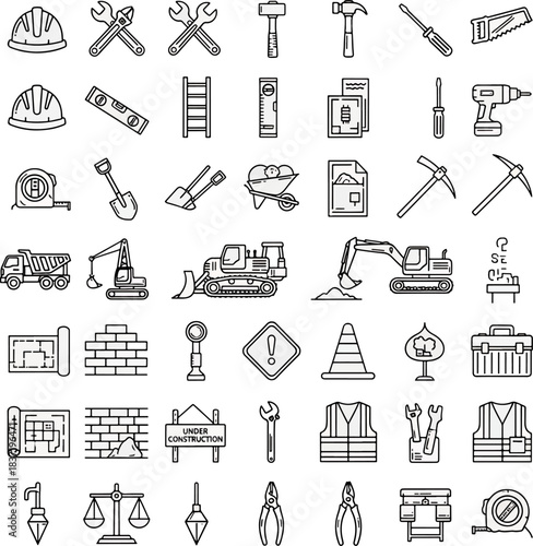 Construction industry icons set, depicting safety equipment tools heavy machinery and building elements