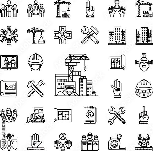 Construction industry icons set, featuring cranes, buildings, blueprints, workers, and tools for project management