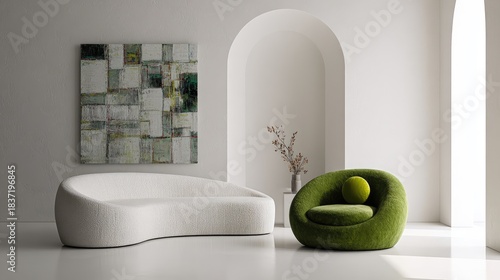 Light-filled interior with white curved sofa, abstract textured mock up wall art and green velvet lounge chair with soft round cushion. Living room Generative Ai