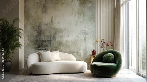 Light-filled interior with white curved sofa, abstract textured mock up wall art and green velvet lounge chair with soft round cushion. Living room Generative Ai