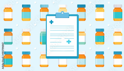 Medical Prescription Form with Medication Bottles.