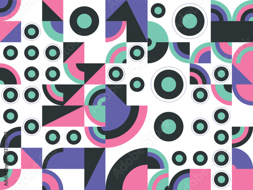 Vibrant geometric shapes and abstract patterns in a dynamic illustration featuring circles, arrows, and squares in various colors