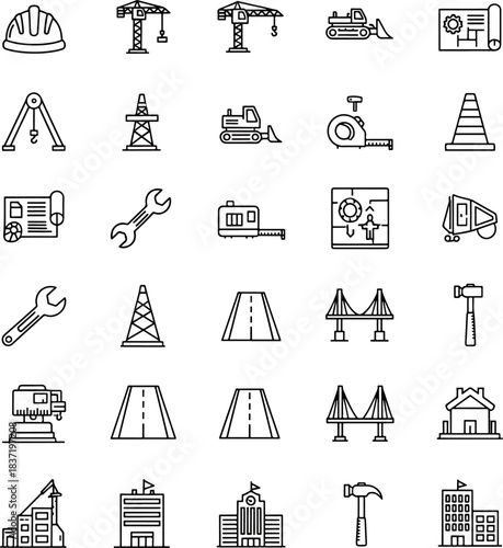 Construction and Industrial Icons Set Featuring Tools, Machinery, Buildings, and Safety Equipment Symbols