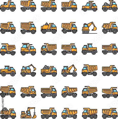 Collection of Yellow Construction Trucks Dump Trucks Excavators and Loaders Vector Icons on White Background