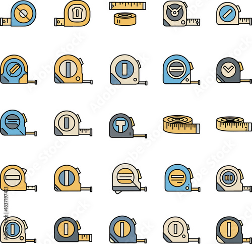 Collection of Various Tape Measure Icons and Illustrations Flat Design Style with Outline and Filled Vector Graphics