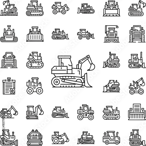 Collection of various construction and heavy machinery line art icons set, depicting excavators, bulldozers, and loaders.