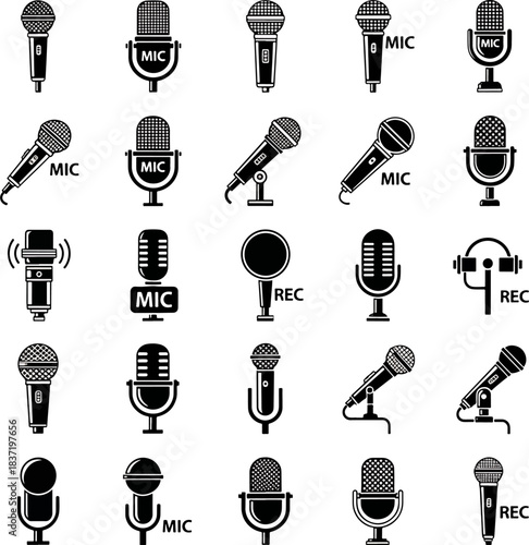 Collection of Microphone Icons and Illustrations Representing Audio Recording Technology and Sound Equipment