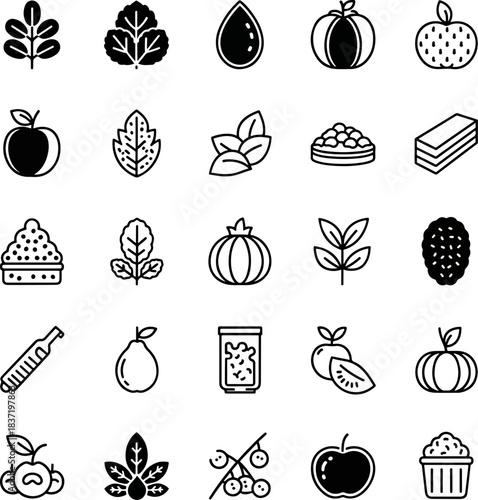 Collection of Fresh Food and Plant Icons Healthy Eating Ingredients Organic Produce Fruits Vegetables and Leaves Set