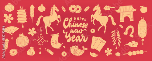 Chinese New Year doodles and lettering quote for banners, social media decor, prints, posters, cards, signs, etc. EPS 10