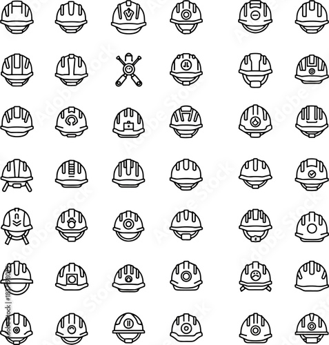 Collection of Diverse Construction Hard Hats and Safety Helmets Icons Outline Graphic Elements Set