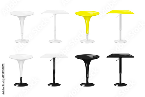 Cocktail table with round and square counter on single metal leg. Realistic 3d vector mockup set. Black, white, color. Easy editable. Isolated high pedestal bar table. Mock-up. Template for design