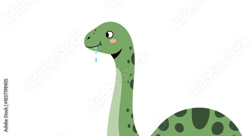 Cute and friendly green sauropod dinosaur with a long neck and happy expression drools with anticipation, on a white background.