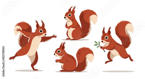 Set of four adorable red squirrel characters in different dynamic poses like dancing, holding a branch, and standing proudly.
