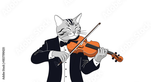 Elegant anthropomorphic cat dressed in a tuxedo plays the violin with closed eyes, fully absorbed in the beautiful classical music.