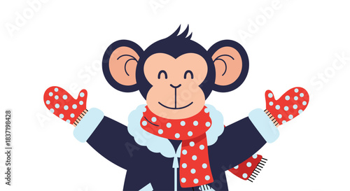 Happy cartoon monkey bundled up for cold weather in a winter coat, a red polka-dot scarf, and matching mittens with open arms.