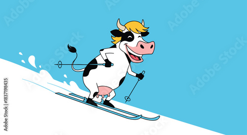 Funny cartoon cow with blonde hair wearing skis and holding poles, joyfully skiing down a snowy mountain slope with great speed.