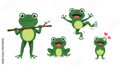 Set of four cheerful green cartoon frogs in different happy poses, including jumping, holding a stick, and being in love.