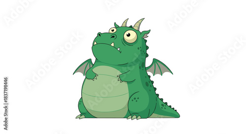 Funny and chubby green dragon character with big googly eyes and tiny wings sitting with a confused or surprised expression.