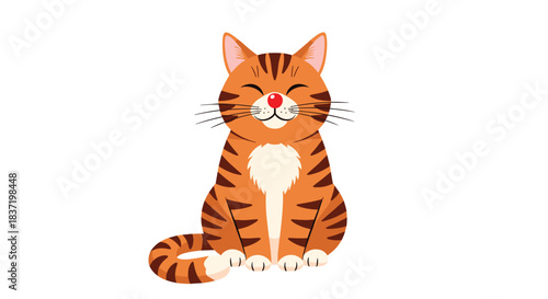 Adorable and happy ginger tabby cat with a red nose sitting peacefully with its eyes closed and a gentle smile on its face.