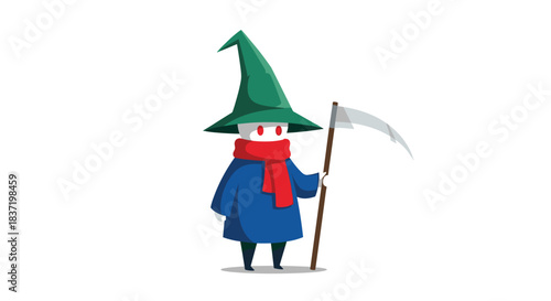 Mysterious cartoon character wearing a tall green wizard hat, blue robe, and red scarf, holding a scythe like a little grim reaper.