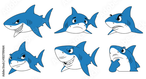 Set of six cartoon blue shark heads showing a wide range of emotions and expressions, from angry and sad to happy and thoughtful.