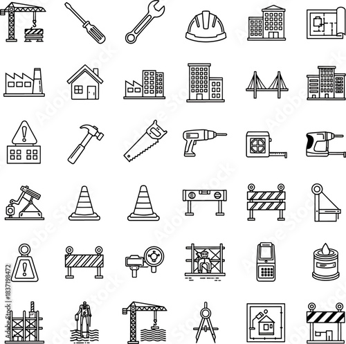 Collection of construction and industry icons including crane, tools, buildings, safety signs, and blueprints for design.