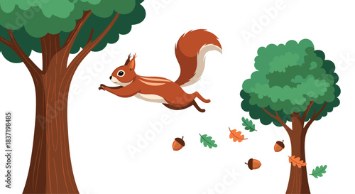 Energetic cartoon squirrel leaping from one tree to another, with autumn leaves and acorns falling through the air around it.