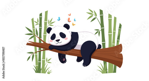 Peaceful giant panda sleeping on a tree branch in a bamboo forest, with colorful butterflies fluttering gently around its head.