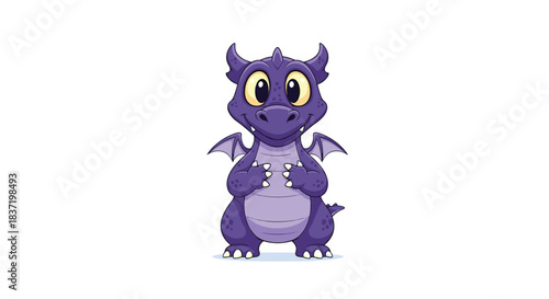 Adorable and shy baby purple dragon character standing on two feet with a cute and friendly expression on its friendly face.