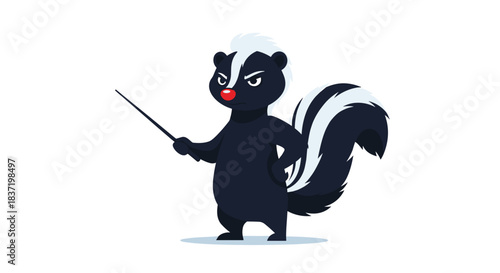 Serious and angry skunk character standing with a hand on its hip and pointing with a stick, looking like a strict teacher.