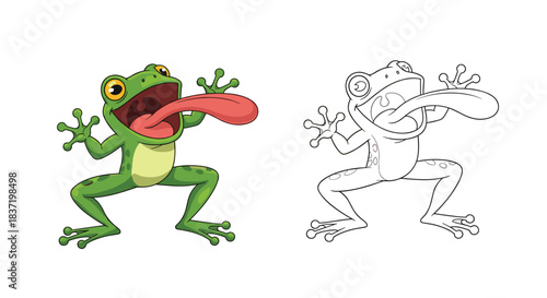 Funny cartoon frog with its mouth wide open and a long pink tongue sticking out, shown in color and as a coloring page outline.