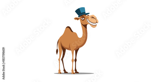 A smug-looking cartoon camel wearing a stylish blue top hat, standing with a confident and sly smile, isolated on a plain white background.