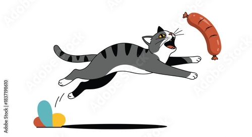A dynamic and funny cartoon of a grey and white tabby cat leaping through the air with its mouth wide open, trying to catch a grilled sausage.