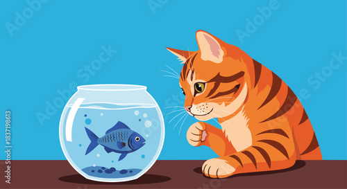 Curious ginger tabby cat intently watching a blue fish swimming in a small glass fishbowl, with its paw raised as if ready to play or pounce.