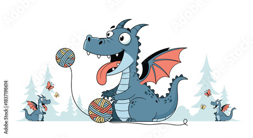 Whimsical cartoon scene of a large, happy blue dragon playing with balls of yarn in a forest, with two baby dragons and butterflies nearby.
