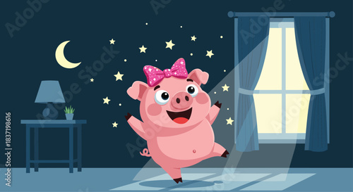 A joyful cartoon piglet with a sparkling pink bow dancing happily in a spotlight from a window at night, with stars and a crescent moon in the sky.