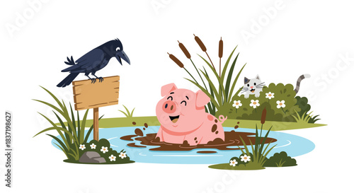 A happy pink pig cheerfully splashing in a mud puddle while a crow sits on a wooden sign and a white cat peeks from behind bushes in a charming rural scene.