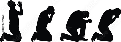 Four Black Silhouettes of a Man Kneeling, Depicting States of Prayer, Grief, Despair, or Worship, Isolated on a Clean White Background