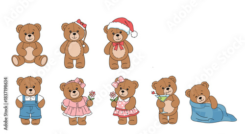 A charming collection of cute cartoon teddy bear characters in different outfits and poses, including wearing Santa hats, dresses, and sleeping.