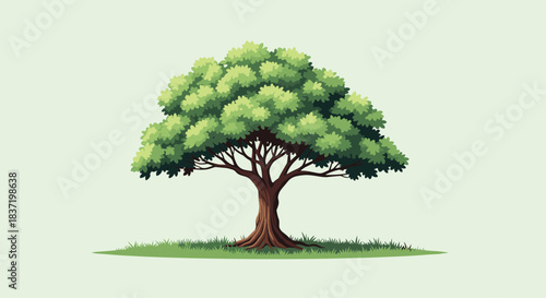 Beautifully illustrated large oak tree with a full, lush canopy of green leaves and a thick, sturdy trunk, standing in a patch of grass.